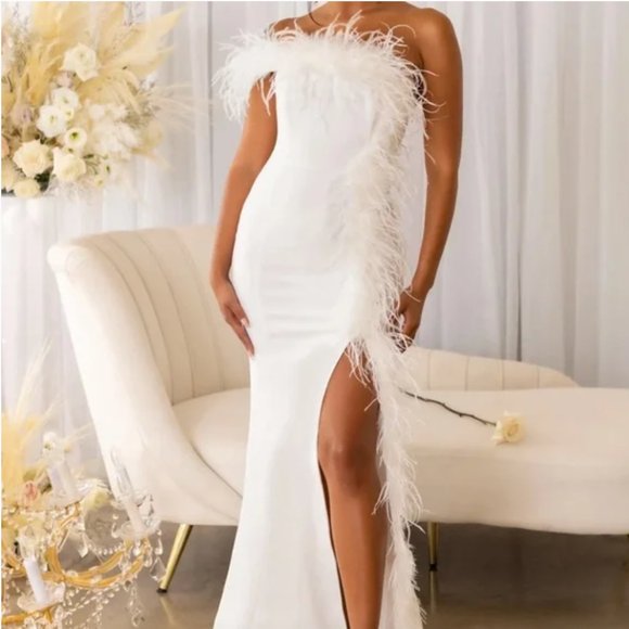 Club L London Dresses & Skirts - Pretty Close Asymmetrical Feather Maxi/Wedding dress